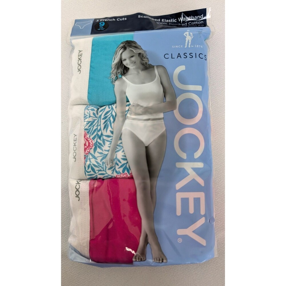 Jockey Classics 3 French Cuts white elastic waistband size 9 Pink Green & Floral